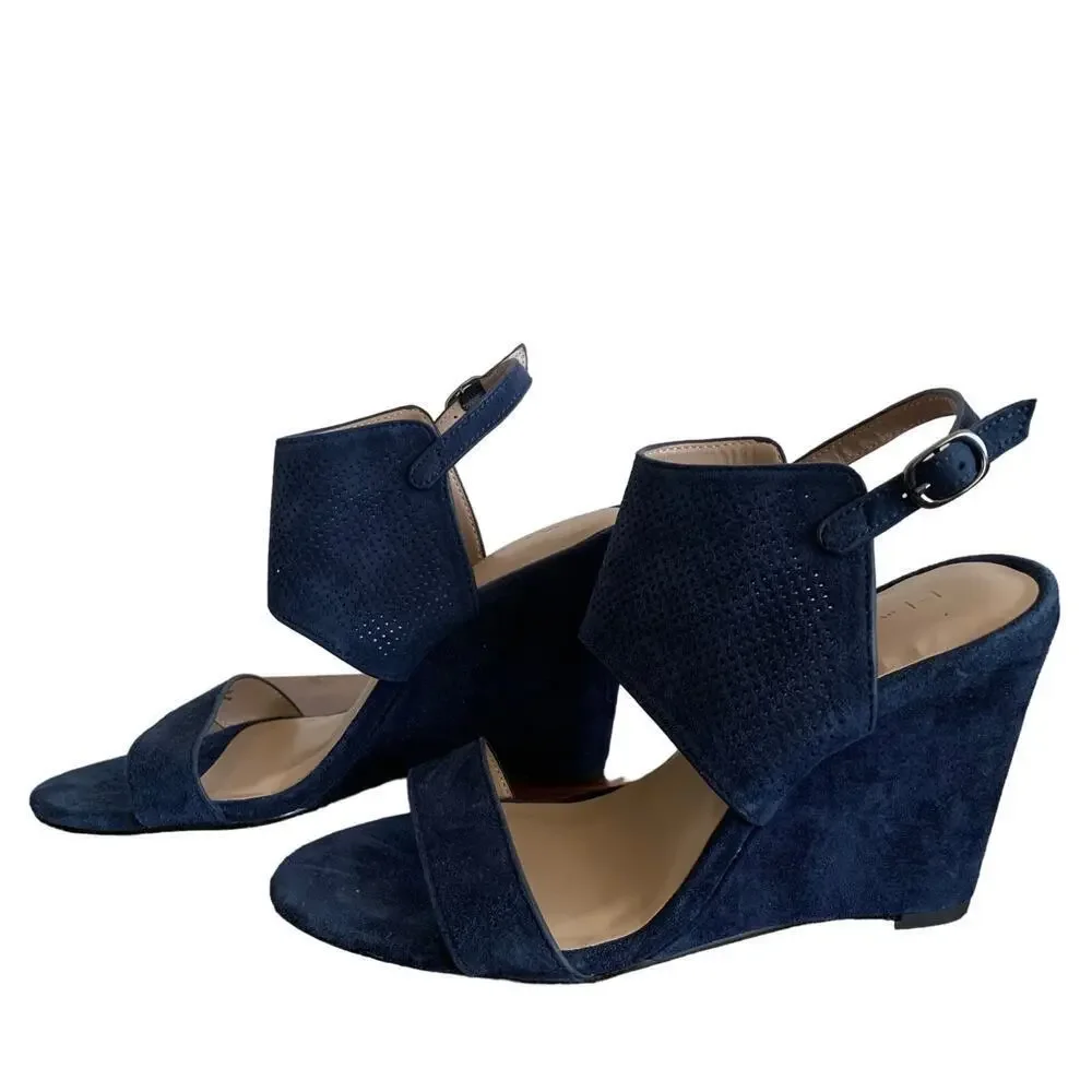H by Halston Suede Open Toe Wedge Navy Blue McKenzie Sandals Size 5.5 NWOT
